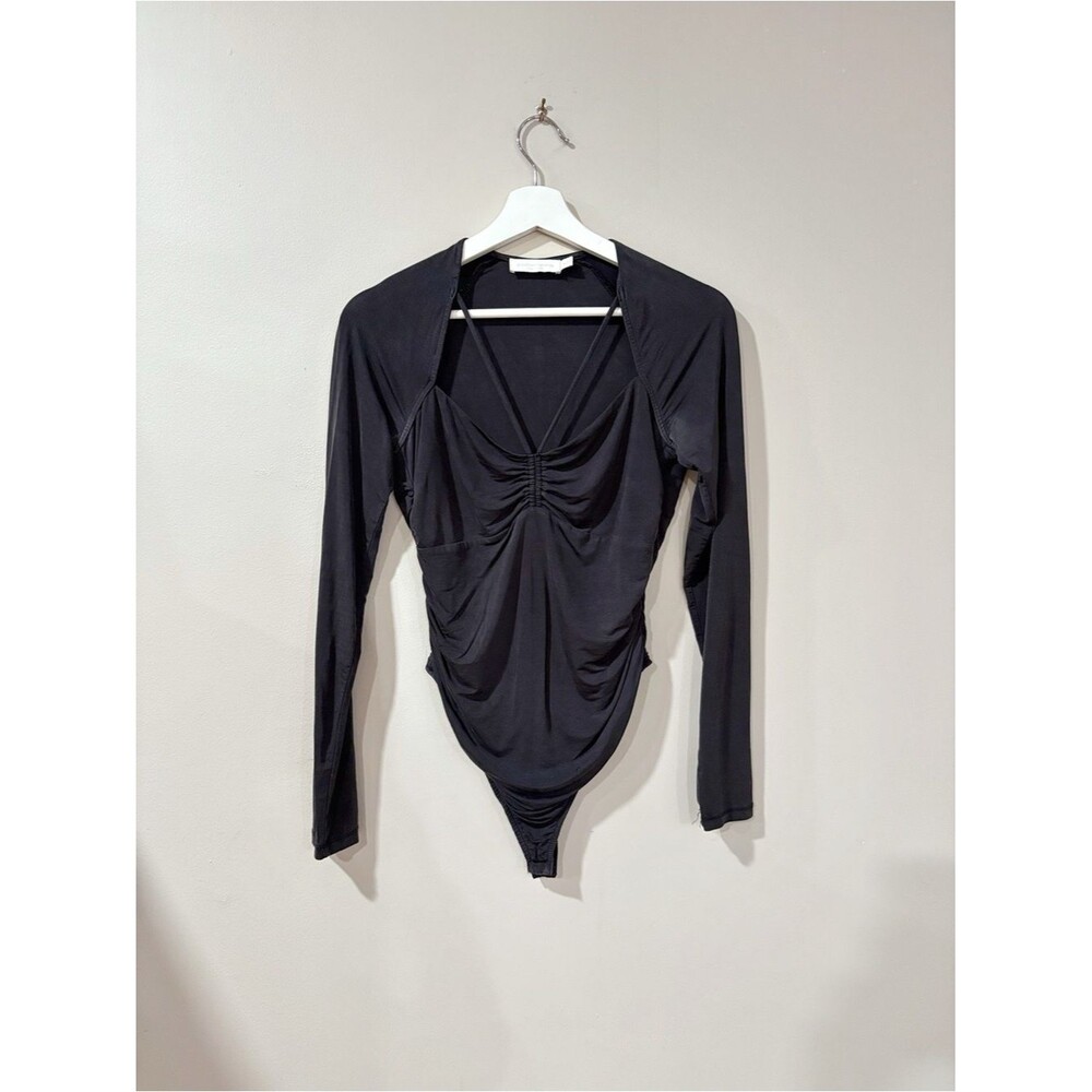 Jonathan Simkhai Standard Bodysuit M Gray Ruched Cutout Chic Coquette Y2K